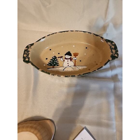 Country Snowman Stoneware Oval Casserole Dish Set Of 2 6” & 10” No Box - Picture 1 of 12